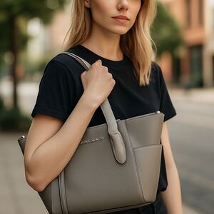 Michael Kors Charlotte Pearl Grey Top Zip Leather Tote Handbag New